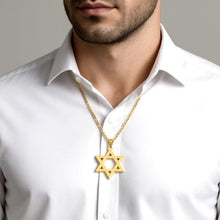 Man wearing a gold Star of David necklace on a plain background