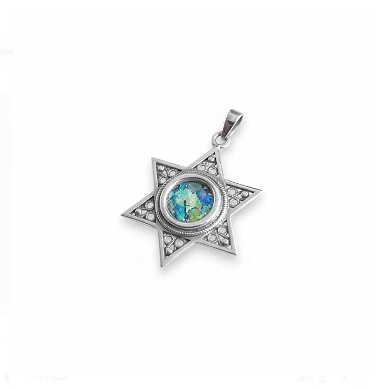925 Silver Star of David Roman Glass Pendant Necklace