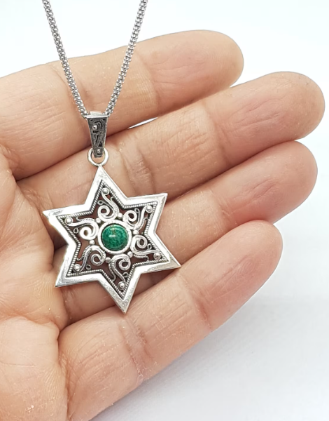 925 Silver Star of David Pendant Filigree Work With Eilat stone