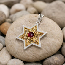 9k gold filigree Star of David pendant with red stone handmade in Israel