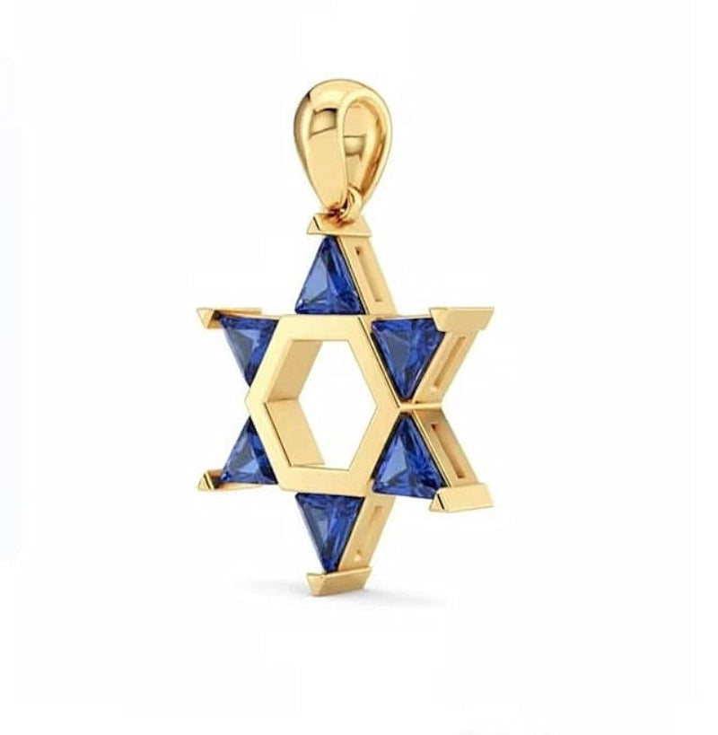 Gold  sta of david pendant with blue gemstones on a white background