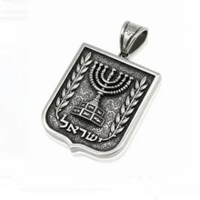 Silver pendant with Menorah design on a white background