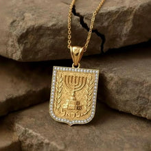 Gold embalem menorah pendant with diamonds