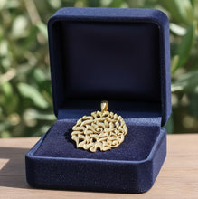 Gold pendant in a blue jewelry box with a natural background