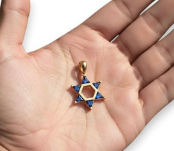 Delicate 14K Gold Star of David Pendant with Blue Sapphire CZ