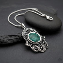 silver filigree hamsa pendant with eilat stone