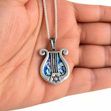 925 Sterling Silver Roman Glass King David Harp Pendant Star of David Pendant