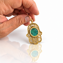 gold hamsa pendant set with Eilat stone 