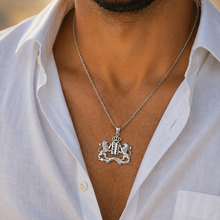 mens 14k gold Ten Commandments necklace with lions and crown worn on chest Jewish pendant from Israel