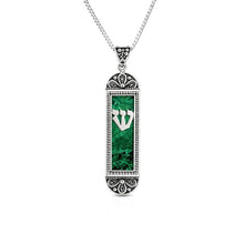 Size of Sterling Silver Mezuzah Pendant with Natural Eilat Stone Shown in Hand | Handmade Israeli Judaica Jewelry