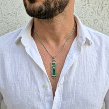Men Wearing Sterling Silver Mezuzah Pendant with Eilat Stone | Jewish Necklace for Men Handmade in Israel