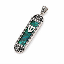 A silver-toned rectangular pendant featuring a green iridescent inlay with a silver Hebrew letter 'Shin' in the center, set against a plain white background.