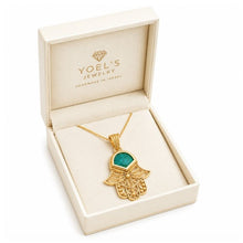 Handmade 14K Gold   Eilat stone Hamsa Pendant displayed in box 