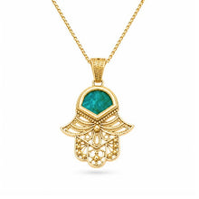 Solid 14K Gold Hamsa Pendant with Authentic Eilat Stone necklace on white background, Jewish jewelry from Israel