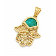14K Gold Hamsa Pendant with Authentic Eilat Stone 