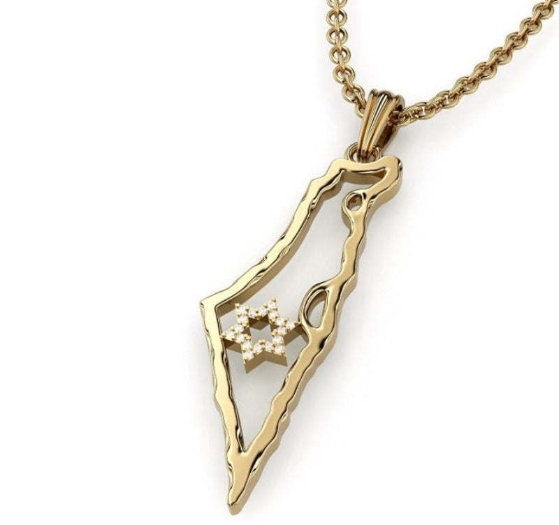 14k Gold Map of Israel Star of David Pendant set with Diamonds,Gold Israel Pendant,Gold Jewish Pendant, Israel Jewelry