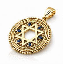 14k Gold Filigree Star of David Pendant With Sapphires Front View