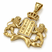 close up 14k gold Ten Commandments pendant with lions crown and diamond frame high detail Jewish jewelry