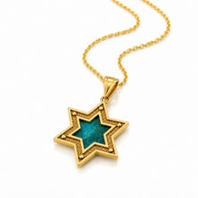 gold Star of David Necklace with Genuine Eilat Stone Hanging on gold Chain