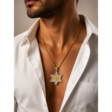 
Gold Star of David Jerusalem pendant on chain for men, diamond frame Jewish necklace handcrafted in Israel