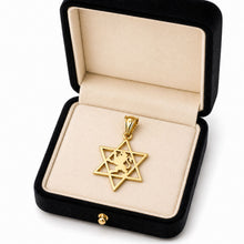 14k gold Star of David pendant with lion design displayed in luxury jewelry box from Israel