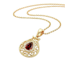 14K yellow gold pomegranate pendant with garnet and diamond halo on gold chain
