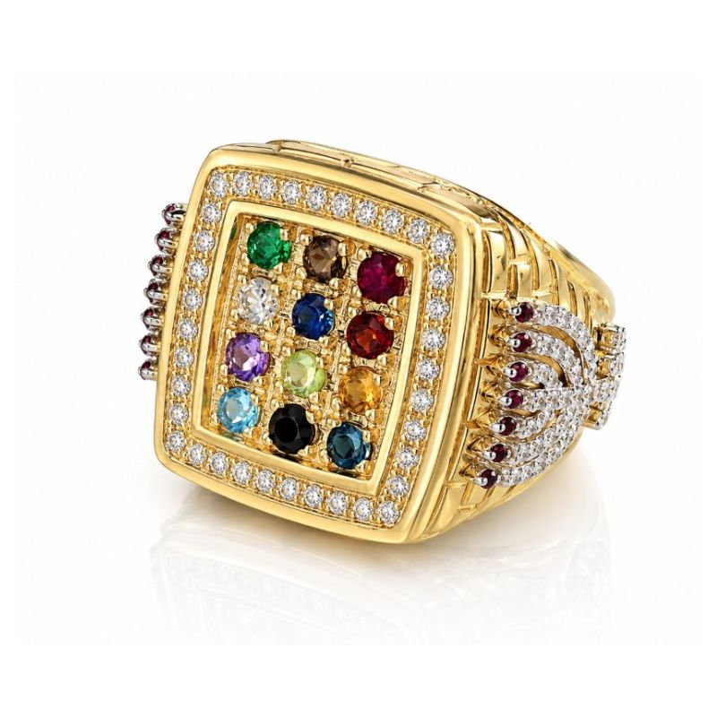 Hoshen Ring in 14K Gold with Twelve Tribes Stones and Diamond Frame Handmade in Israel