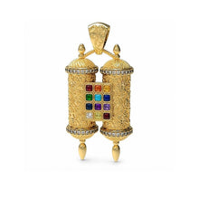 14K gold Hoshen Torah scroll pendant with diamonds and Twelve Tribes gemstones on white background