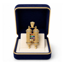 Luxury men’s 14K gold Hoshen pendant displayed in an elegant blue jewelry gift box