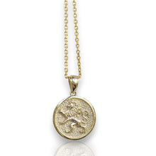 Gold necklace with a lion pendant on a white background
