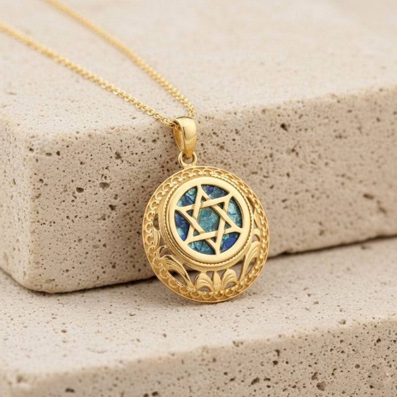 Gold  roman glass star of David pendant