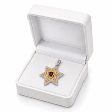 Jewish gold pendant Star of David red gemstone in white box 