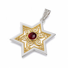 9k gold filigree Star of David pendant with red stone handmade in Israel