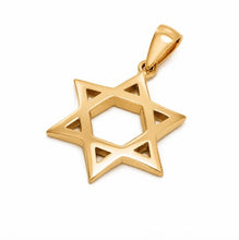 A polished yellow gold Star of David pendant with a cutout center and integrated bail, shown on a clean white background.