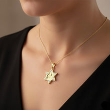 Gold necklace with a Star of David pendant on a model against a neutral background