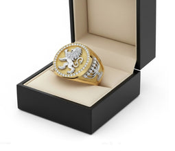 14k Gold  lion of judah ring with menorah on sides set with diamonds 