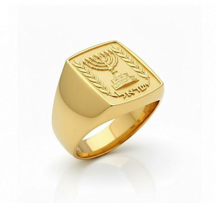 14K Gold Menorah Ring for Men , Emblem of Israel Signet Ring, Jewish Gold Ring, Israeli Symbol Jewelry