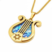 14K Gold Roman Glass Harp Pendant Star of David Jewelry