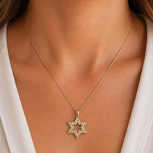 Woman Wearing 14K Gold Star of David Pendant with Premium Lab-Grown Diamonds – Handmade Jewish Jewelry from Israel