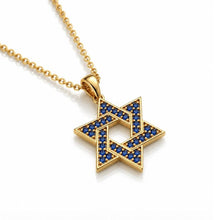 14k gold star of david pendant blue sapphire stones with chain 