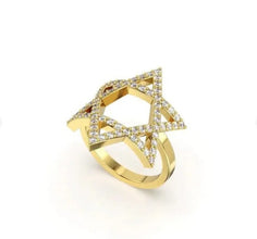 Gold ring with diamond accents on a white background