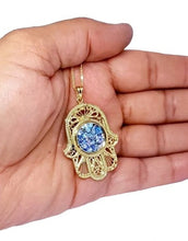 14k Gold filigree roman glass hamsa pendant on palm 
