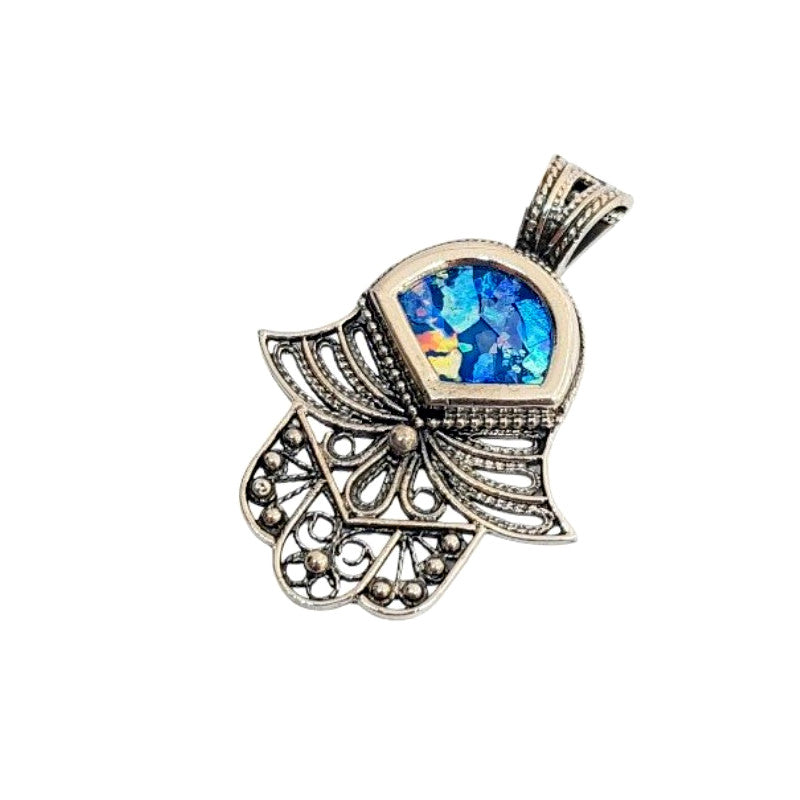 925 Sterling Silver Roman Glass Hamsa Pendant Necklace