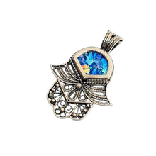 A 925 sterling silver Roman glass Hamsa pendant necklace with a silver chain and intricate filigree work.