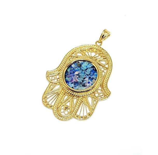 14k Gold filigree roman glass hamsa necklace