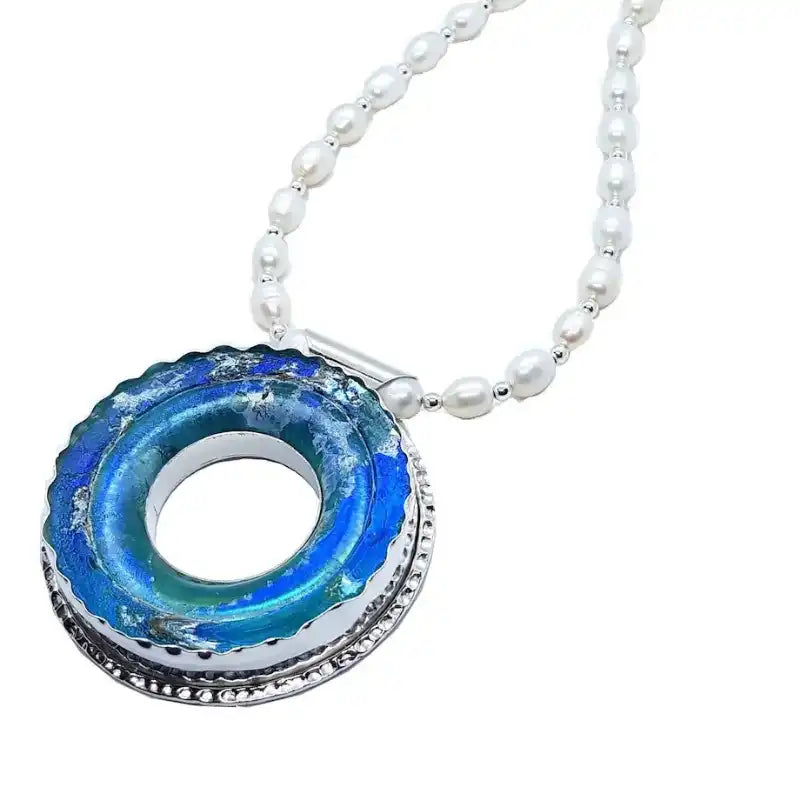 925 Silver Rare Roman Glass Pendnat With Pearls Necklace