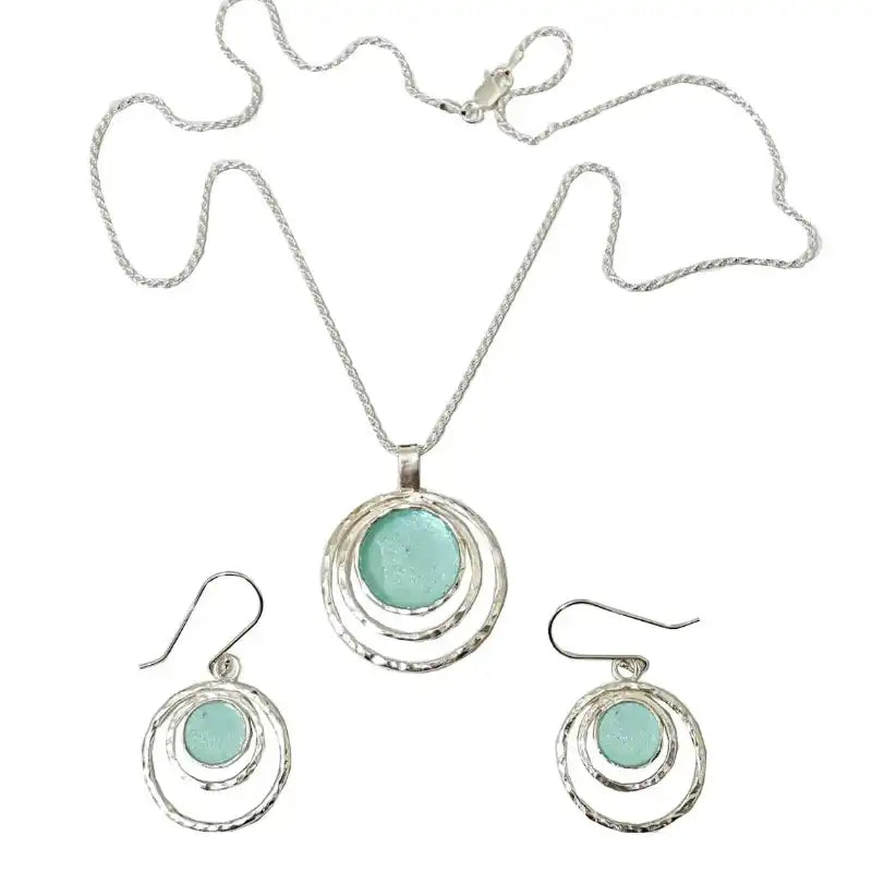 925 Sterling Silver Roman Glass Pendant-Earrings Set