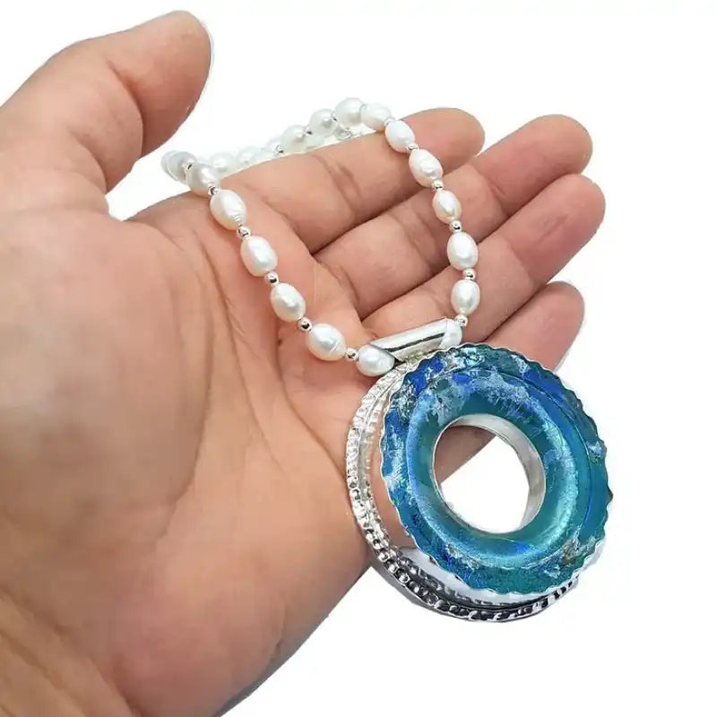 925 Silver Rare Roman Glass Pendnat With Pearls Necklace