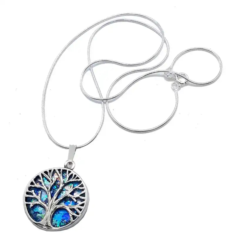 925 Roman Silver Tree of Life   Glass Pendant Necklace