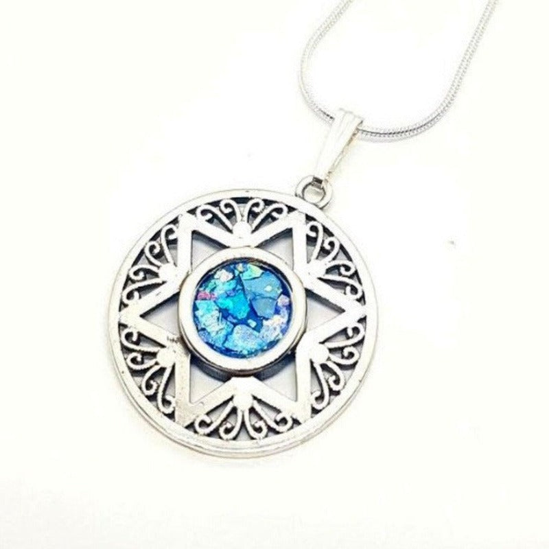 925 Silver Star of David Roman Glass Pendant Necklace ,Filigree Roman Glass Pendant